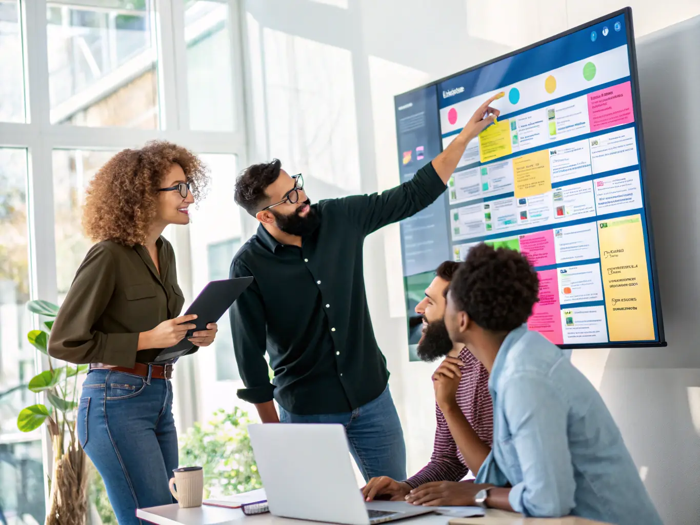 A diverse team of consultants collaborating on a project in a bright, modern office, symbolizing WheelAdvisory's collaborative approach.