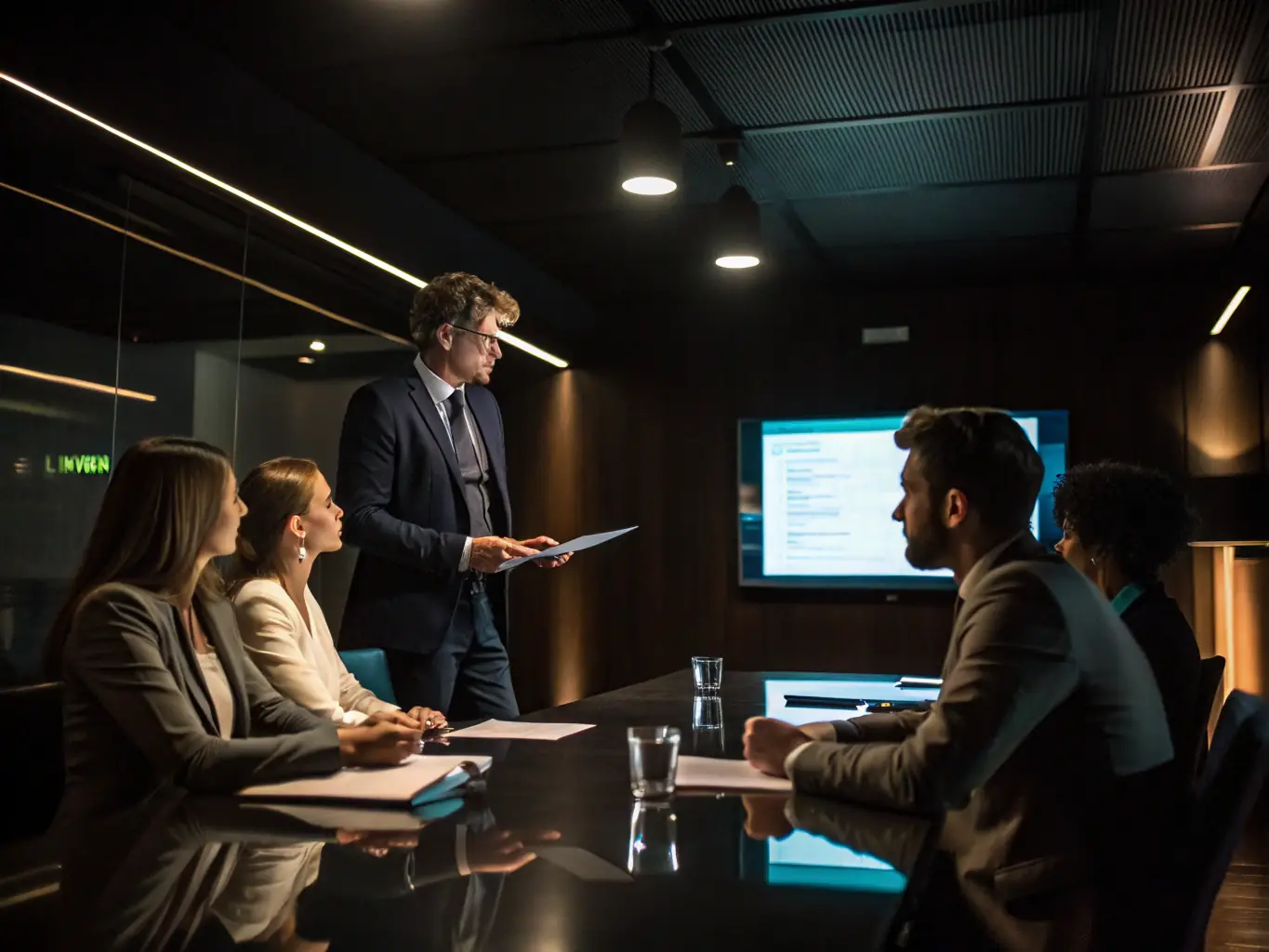 A consultant discussing strategies with a business team in a modern office setting, representing WheelAdvisory's business consulting services.