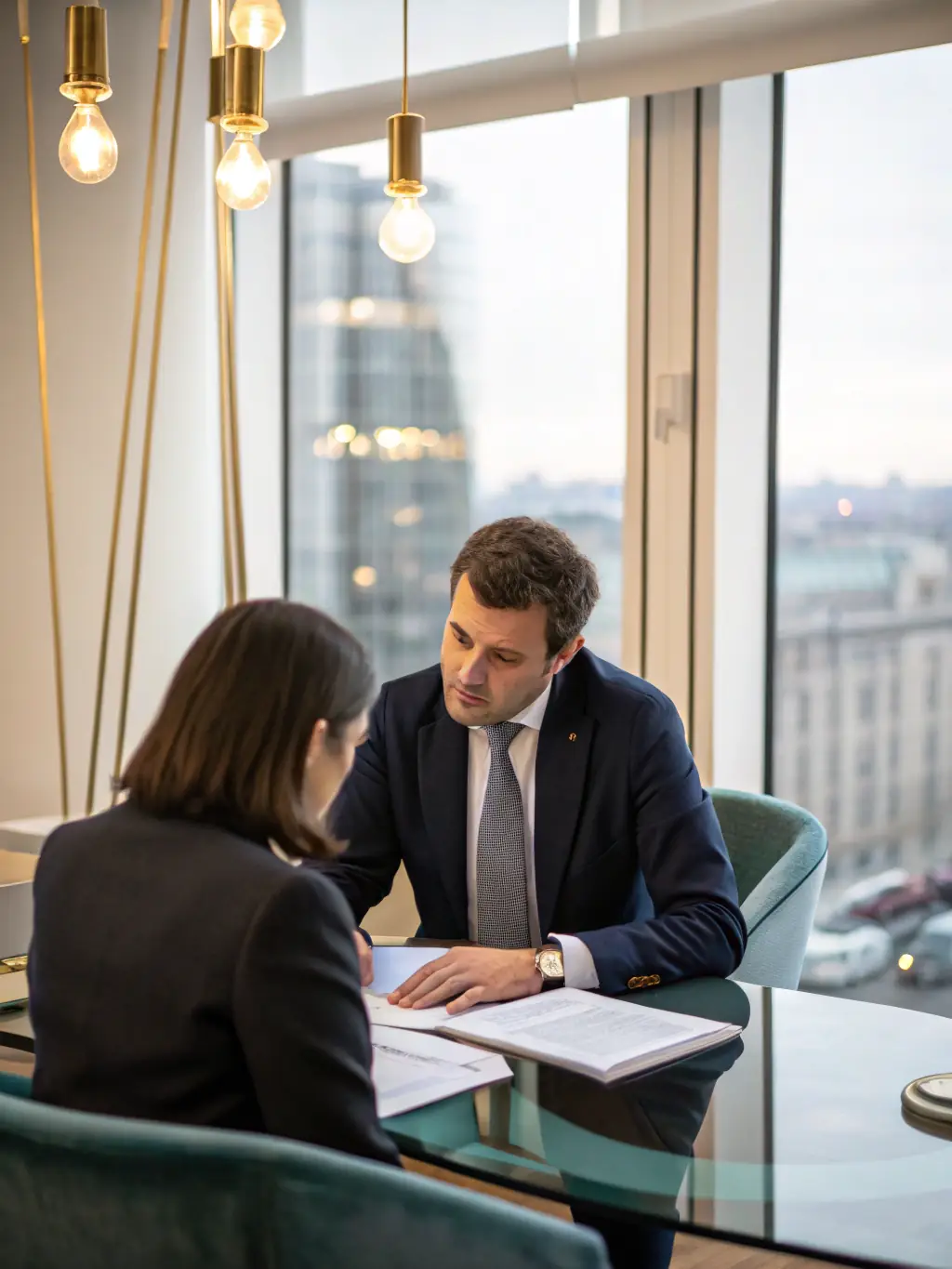 A professional consultant in a modern office setting, reviewing financial documents with a client, symbolizing business consulting services.